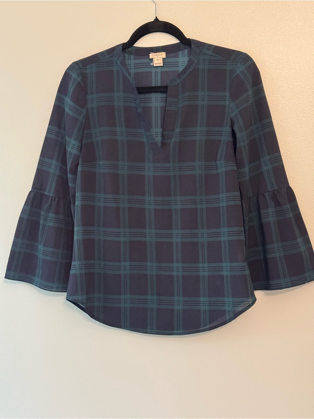J. Crew Navy and Teal Plaid Bell-Sleeve Blouse